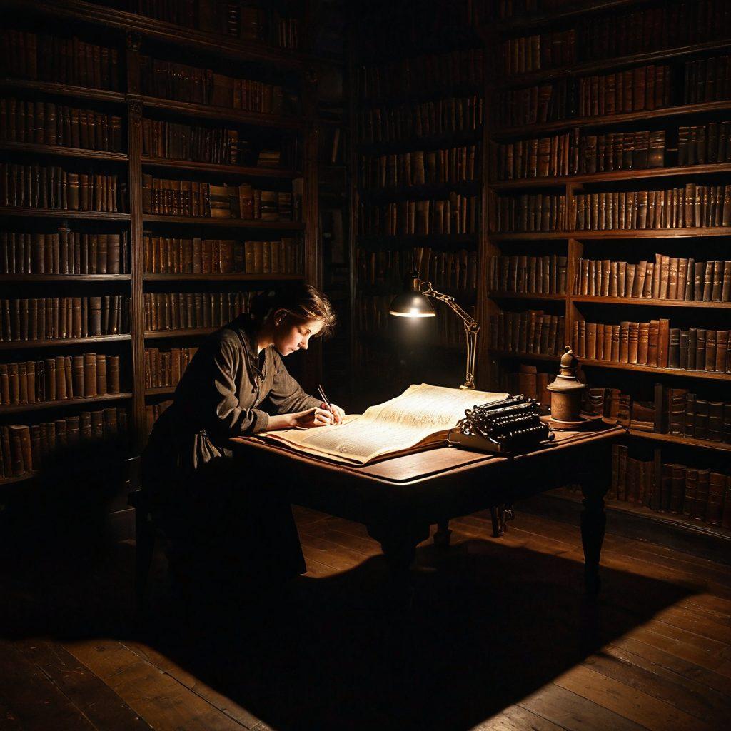 A dimly lit library filled with ancient books and shadowy corners, where a magnifying glass rests on an open mystery novel. Wisps of fog curl around a flickering candle, casting intriguing shadows on the walls. Hidden clues and cryptic notes are scattered across a wooden table, evoking curiosity and suspense. A lone figure, silhouette partially visible, studies an intricate map laid out beside a vintage typewriter. atmospheric, painterly style, rich textures, moody colors.