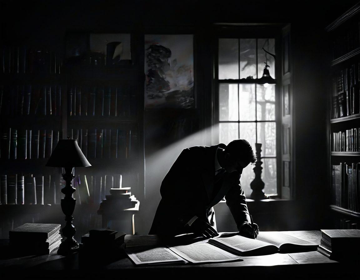 A shadowy, dimly lit library filled with ancient books, where a silhouette of a detective studies a cryptic clue illuminated by a flickering lamp. The atmosphere is thick with suspense and intrigue, featuring scattered magnifying glasses and maps on a heavy, wooden table. Mysterious shadows dance on the walls, hinting at untold secrets within the pages. Art style should evoke a sense of classic noir. super-realistic. moody colors. rich textures.