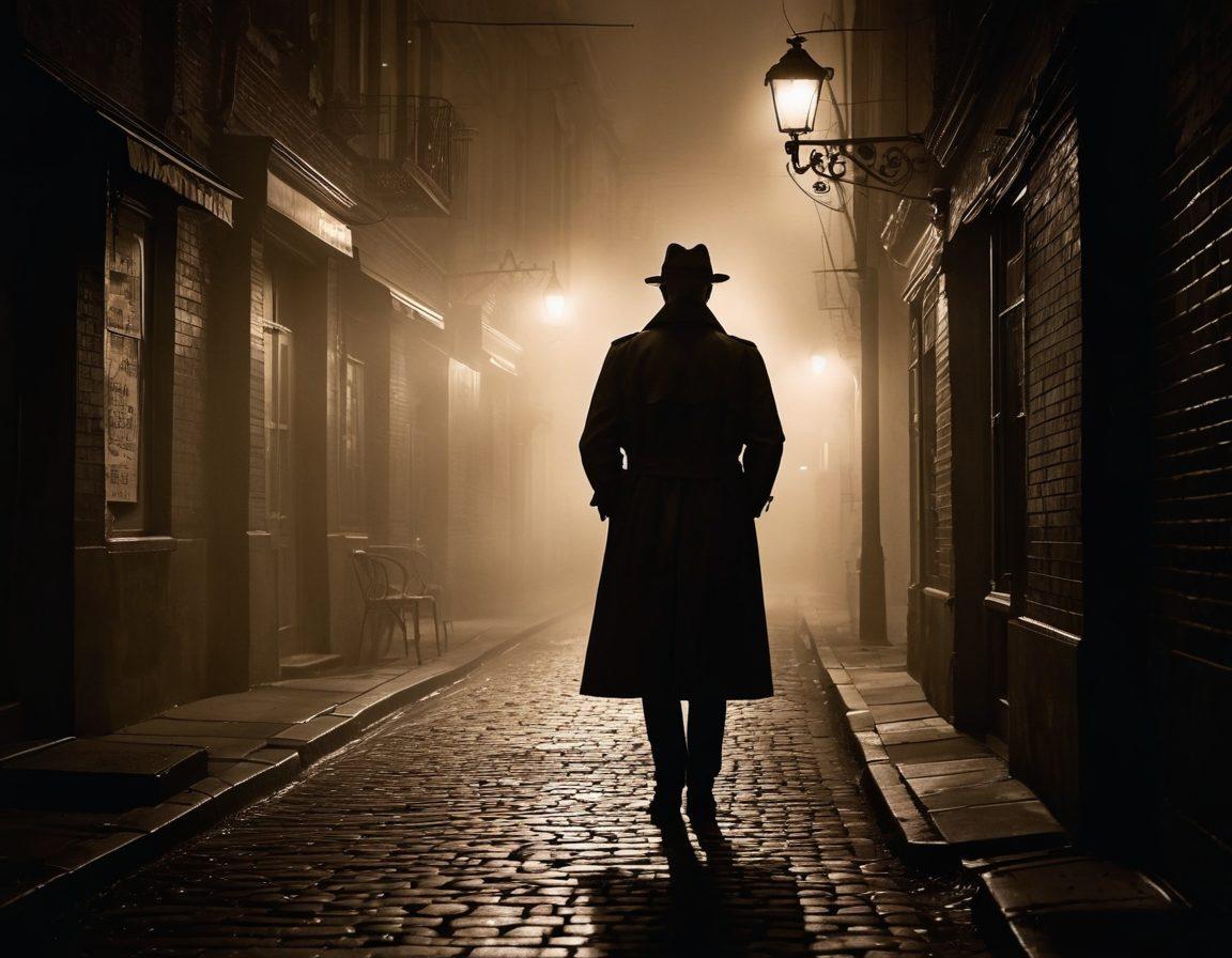 An intense detective scene featuring a shadowy figure in a trench coat, holding a magnifying glass, surrounded by scattered clues like handwritten notes and a vintage typewriter. The backdrop showcases a dimly lit alley with a flickering street lamp and an ominous fog creeping in. Include a sense of suspense and intrigue with dark, muted colors contrasted by bursts of bright highlights. vintage noir style. cinematic lighting.